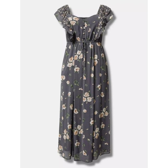 torrid Dresses & Skirts - Torrid Gray Floral Chiffon Maxi Dress Ruffled Flutter Sleeve